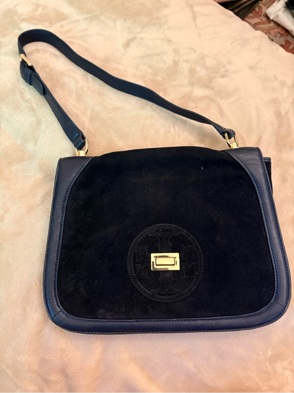 Tory Burch Navy Suede and Leather Crossbody Shoulder Bag with Gold Hardware